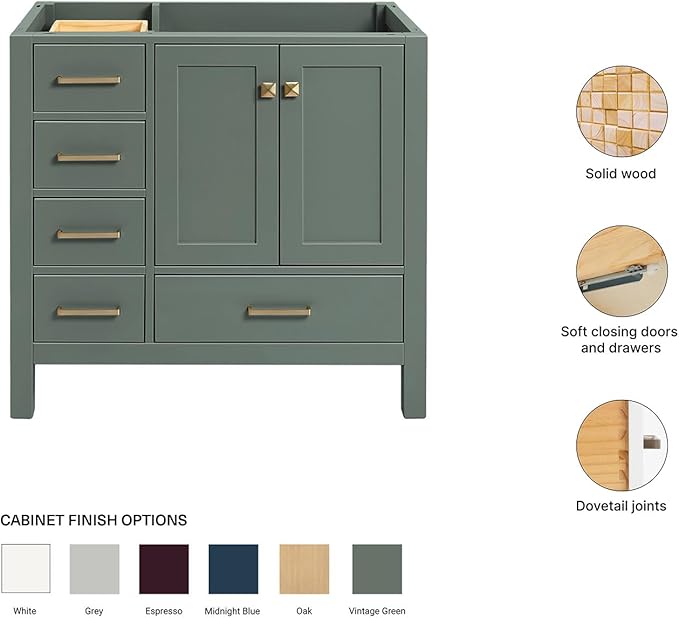 ARIEL Cambridge 36-inch Bathroom Vanity Base Cabinet,Solid Wood, 2 Soft Closing Doors, 5 Dovetail Drawers, Vintage Green