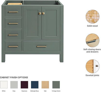 ARIEL Cambridge 36-inch Bathroom Vanity Base Cabinet,Solid Wood, 2 Soft Closing Doors, 5 Dovetail Drawers, Vintage Green