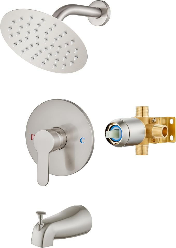 Airuida Shower Faucet Set with Tub Spout,6" Bathtub Faucet-Brushed Nickel | Male Threads Rough-In Valve,Round Head Shower System,Tub and Shower Kit Set