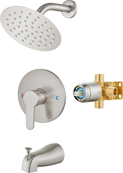 Airuida Shower Faucet Set with Tub Spout,6" Bathtub Faucet-Brushed Nickel | Male Threads Rough-In Valve,Round Head Shower System,Tub and Shower Kit Set