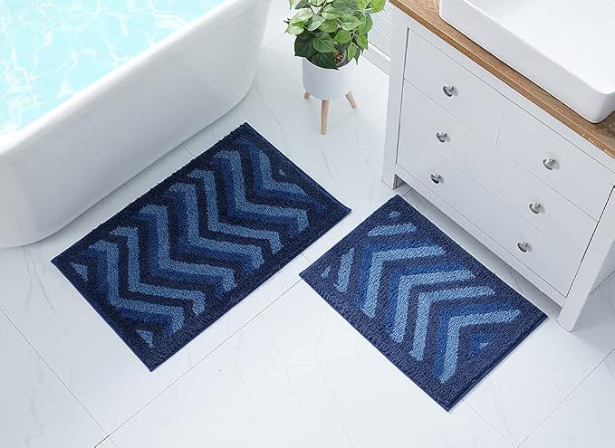 Hearth & Harbor Bathroom Rugs, Shaggy Plush Bath Mat, Ultra Soft Non Slip Backing Rubber, Chevron Design Bath Rug, Blue, 2 Piece Set