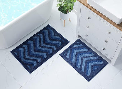 Hearth & Harbor Bathroom Rugs, Shaggy Plush Bath Mat, Ultra Soft Non Slip Backing Rubber, Chevron Design Bath Rug, Blue, 2 Piece Set