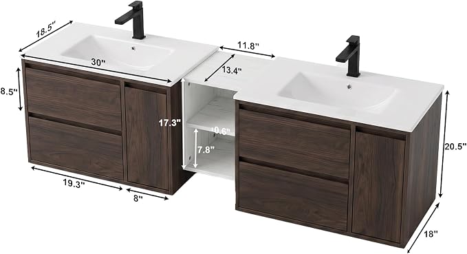 72 Inch Modern Floating Double Sink Bathroom Vanity, Wall-Mounted with Seamless Ceramic Top, Rounded Corners, Full-Extension Soft-Close Drawers & Concealed Drainage, White