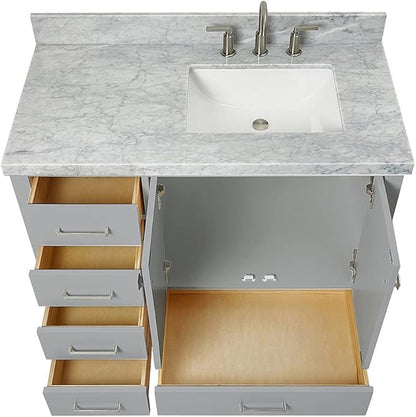 ARIEL Cambridge 42-inch Bathroom Vanity with Sink,Solid Wood, 1.5-inch Italian Carrara Marble Countertop, Single Rectangular Porcelain Sink, 2 Soft Closing Doors, 5 Dovetail Drawers, Grey