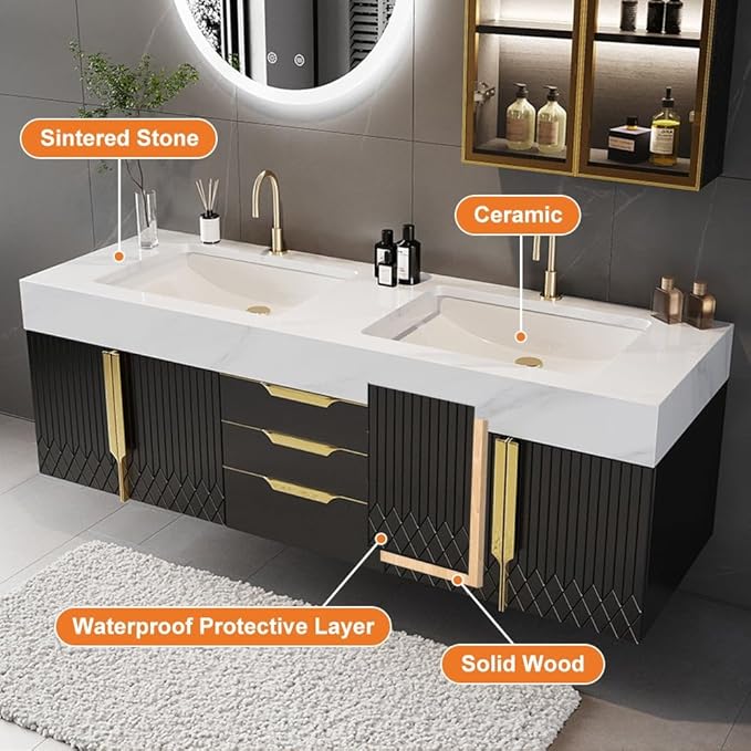 KunMai 59" Black Floating Bathroom Vanity with Faux Marble Top, Double Ceramic Vessel Sinks, Wall-Mounted Design, 3 Drawers for Storage, Modern Bathroom Cabinet with Gold Hardware Finish