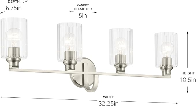 Kichler Gioe 32.25" 4-Light Vanity Light with Clear Fluted Glass in Brushed Nickel, Damp Rated, for Bathroom, Powder Room, Over a Mirror, (32.25" W x 10.5" H), 55227NIFLU