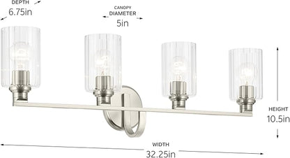Kichler Gioe 32.25" 4-Light Vanity Light with Clear Fluted Glass in Brushed Nickel, Damp Rated, for Bathroom, Powder Room, Over a Mirror, (32.25" W x 10.5" H), 55227NIFLU