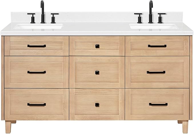 ARIEL Monroe 66-inch Bathroom Vanity with Sink,Solid Wood, 1.5-inch Carrara White Quartz Countertop & Backsplash, Double Oval Porcelain Sink, 9 Dovetail Drawers, Matte Black, White Oak