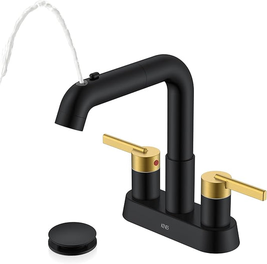 KENES Black and Gold Pull Out Centerset Bathroom Faucet 3 Hole, 4 Inch 2 Handle Bathroom Sink Faucet with Pull Out Sprayer, Vanity Faucet with Pop Up Drain & Supply Lines LJ-9059A-BG
