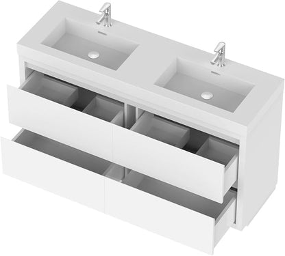 Vanity Art 60 Inch Double Sinks Floor Standing Bathroom Vanity Set 2 Drawers Storage Cabinet with White Engineered Stone Top Undermount Rectangle Sinks High-Glossy Finish