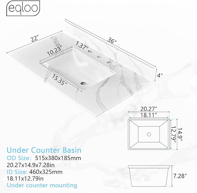 36 in. W x 22 in D Quartz Vanity Top in Calacatta Rocky, Vanity Sink Top with Assembled Single Drop-in Sink, Pre-Drilled Widespread Faucet Holes Countertop with 4" H Backsplash