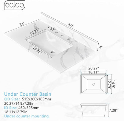 36 in. W x 22 in D Quartz Vanity Top in Calacatta Rocky, Vanity Sink Top with Assembled Single Drop-in Sink, Pre-Drilled Widespread Faucet Holes Countertop with 4" H Backsplash