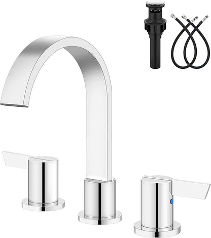 Aolemi Bathroom Faucets 3 Hole,8 Inch Widespread Waterfall Bathroom Sink Faucet,2 Handles Vanity Faucet with Pop-up Drain and Supply Hose,Polish Chrome