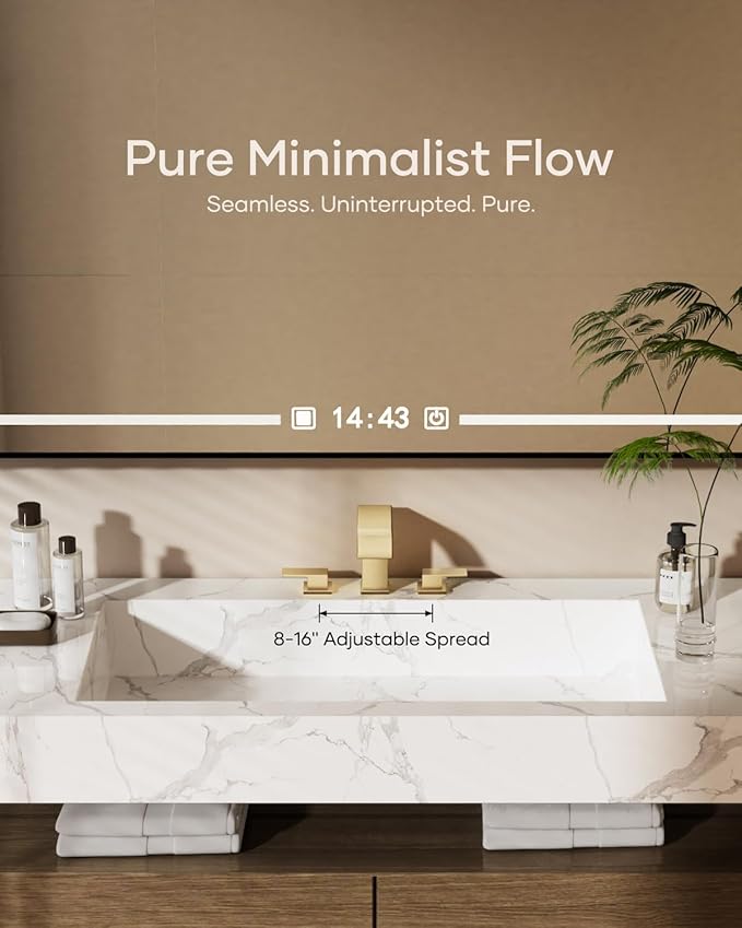 Waterfall Bathroom Faucet 3 Hole, Brushed Gold 8 Inch Widespread Modern 3 Piece Bathroom Sink Faucet, Touch On Lavatory Faucet for Vanity RV Restroom, Curved Spout