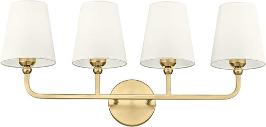 4-Light Bathroom Light Fixtures, Brushed Gold Vanity Lights with Flared Beige Fabric Shade, 28 Inch Wall Sconce, Vintage Sconces Wall Lighting for Hallway Bedroom, VL837-BG-B-4