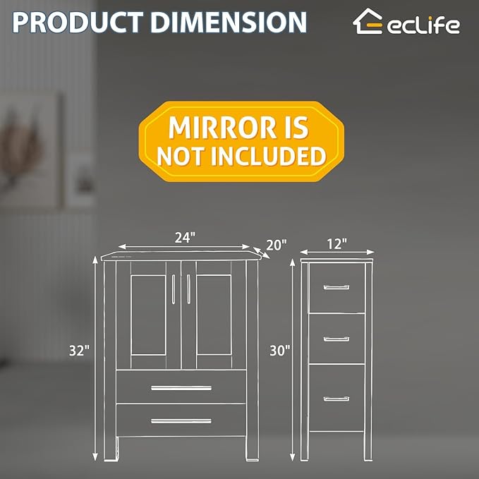 eclife 72" Modern Bathroom Vanity Sink Combo Freestanding Cabinet with Small Side Cabinet, Without Vessel Sink, Faucet, Drain (White Vanity Only)