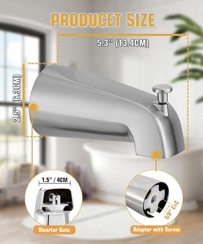 Tub Spout with Diverter, Slip On Bathtub Spout Fits 1/2'' Copper Tube(5/8'' Dia), Bathroom Tub Faucet with PTFE Tape & Hex Wrench, Brushed Nickel