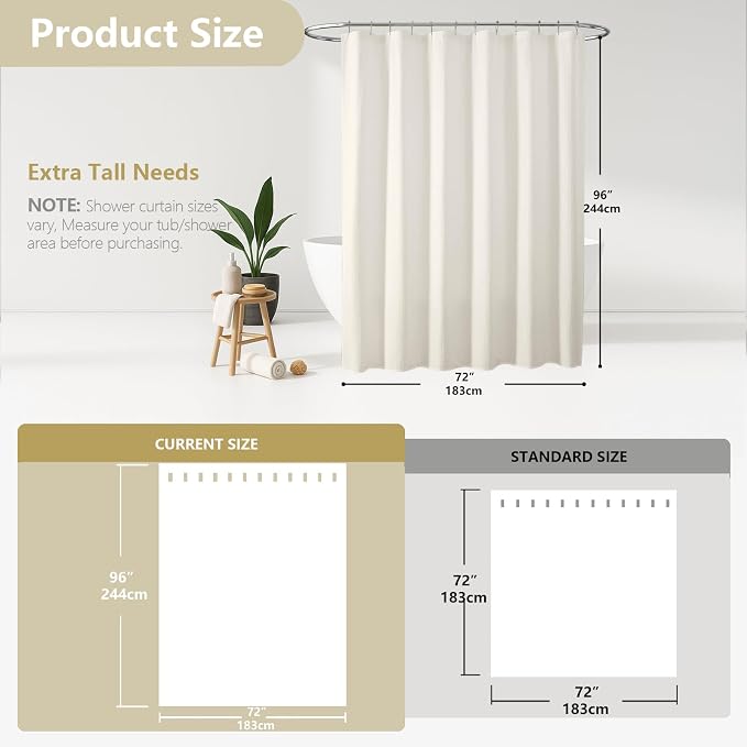 Berry Extra Long Cream Shower Curtain 96 Inch Long, 3D Embossed Texture Fabric Bathroom Shower Curtain, Large Hotel Bath Curtain with 12 Holes, Washable Cloth Shower Curtains, 72x96, Cream
