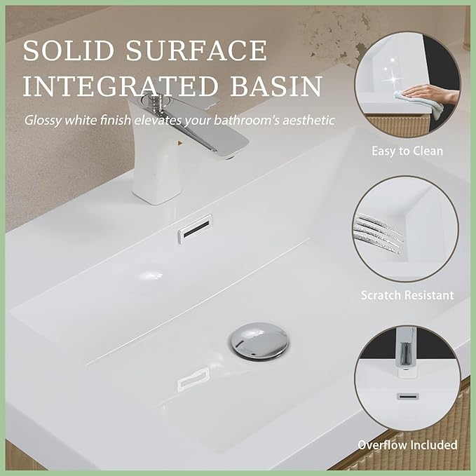 Wall Mounted Bathroom Sink Vanity, Modern 48" Floating Vanity with Resin Basin, U-Shaped Soft-Close Storage Drawer & Side Door, Striped Bathroom Storage Cabinet with Invisible Handle, Wood