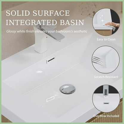 Wall Mounted Bathroom Sink Vanity, Modern 36" Floating Vanity with Resin Top Basin Sink and U-Shaped Soft-Close Storage Drawer, Striped Bathroom Storage Cabinet with Invisible Handle, Wood