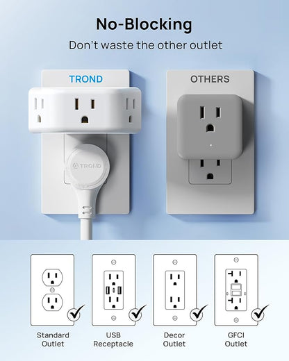 TROND 360 Rotating Plug Outlet Extender for Bathroom, 2 Pack | 3AC Wall Outlet Adapter, No Blocking with 3 Way Angled Design, Small Multiple Plug Splitter for Kitchen Cruise Ship, White