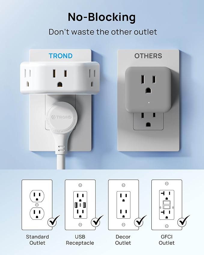 TROND Outlet Extender with 360 Rotating Plug for Bathroom Kitchen | 3AC Outlet Adapter, No Blocking with 3 Way Angled Design, Cruise Essentials, Easy to Pack for Travel, White