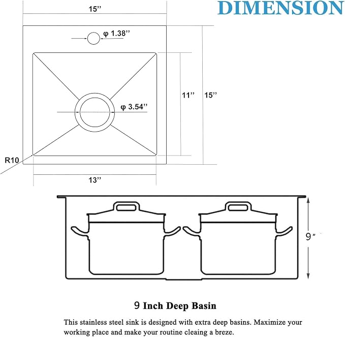 15x15 Drop In Black Bar Sink, 15 Inch Stainless Steel Top Mount Gunmetal Black 16 Gauge Single Bowl Small Kitchen Outdoor RV Sink with Strainer Drain