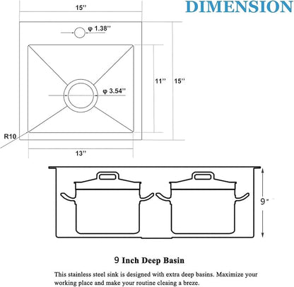 15x15 Drop In Black Bar Sink, 15 Inch Stainless Steel Top Mount Gunmetal Black 16 Gauge Single Bowl Small Kitchen Outdoor RV Sink with Strainer Drain