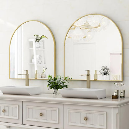 XRAMFY Arched Bathroom Mirror 32" x 34" for Bathroom Vanity Mirror or Wall Decor Gold Arch Mirror Aluminum Alloy Frame Wall Mounted Mirror for Living Room Bedroom Entryway