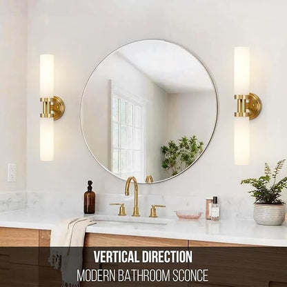 Gold Bathroom Light Fixtures Modern Vanity Lights W/White Glass Shade, 2-Light Sconces Wall Lighting for Mirror Kitchen Bedroom Hallway, Brushed Brass Gold Wall Decor Wall Mount Lamp