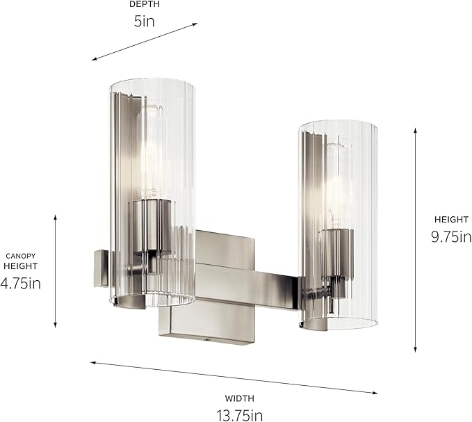 Kichler Jemsa 2 Light Vanity, Modern Light with Clear Fluted Glass in Brushed Nickel for Bathroom or Powder Room (9.75" x 13.75"), 55167NI
