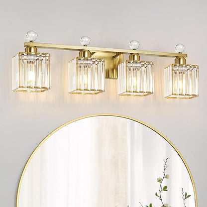 Lxybcce Bathroom Vanity Lights Over Mirror - Easy Installation with Clear Guide, 4-Light Shadow-Free Design, Gold Crystal Finish - for Modern Home Bathroom Lighting Fixtures in DIY Projects