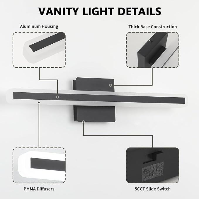 JUSHENG Black Vanity Lights for Bathroom, 24 Inch 20W 5CCT Dimmable Bathroom Light Fixtures Over Mirror, Modern LED Vanity Light Bar Above Mirror