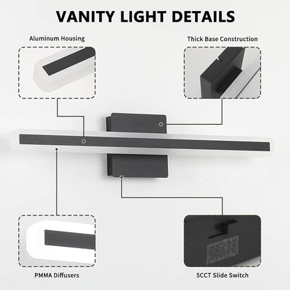 JUSHENG Black Vanity Lights for Bathroom, 24 Inch 20W 5CCT Dimmable Bathroom Light Fixtures Over Mirror, Modern LED Vanity Light Bar Above Mirror