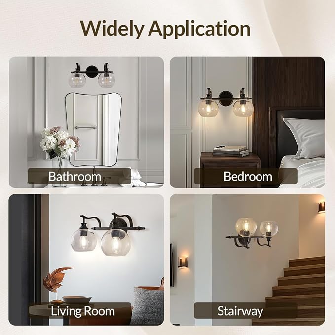 2 Light Bathroom Vanity Light, Matte Black Bathroom Light Fixtures, Modern Wall Sconce with Clear Globe Glass Shade, Farmhouse Wall Lamp for Bathroom, Living Room, Hallway, Cabinet, Porch