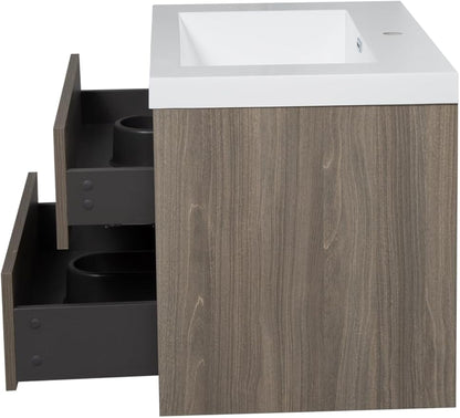 Modern 30" Wall-Mounted Bathroom Vanity with Sink | Floating Storage Cabinet, Stone Resin Countertop, Soft Close Drawers | Ash Grey