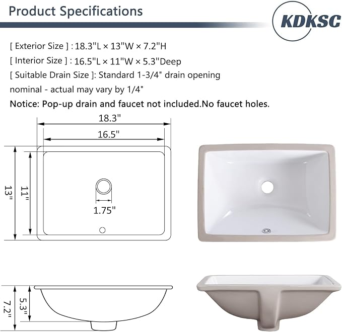 18 Inch Undermount Bathroom Sink White Rectangular,Overflow Type | Ceramic Under Counter Bathroom Sink for Cabinet Porcelain Vanity Sinks (18.3"x13.0")