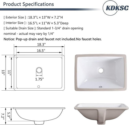 18 Inch Undermount Bathroom Sink White Rectangular,Overflow Type | Ceramic Under Counter Bathroom Sink for Cabinet Porcelain Vanity Sinks (18.3"x13.0")