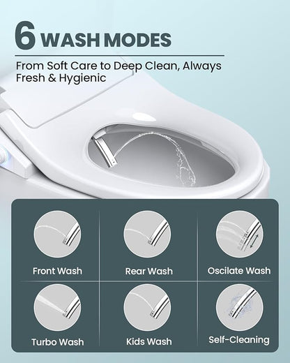 Electric Bidet Toilet Seat Elongated, Heated Toilet Seat with Instant Warm Water & Air Dryer, 6 Wash Modes, Dual Control, Self-Cleaning Nozzle, Soft-Close Lid, Night Light, Eco & Child Friendly