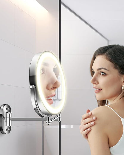 20X 9" Wall Mounted Magnifying Makeup Mirror with Light Height Adjustable | 5000mAh Double Sided Rechargeable LED Lighted Vanity Mirror with Magnification 3 Color Light up Extended Arm 360 Rotation