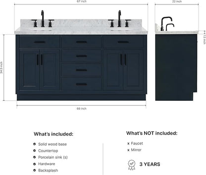 ARIEL Hepburn 66-inch Bathroom Vanity with Sink,Solid Wood, 1.5-inch Italian Carrara Marble Countertop, Double Oval Porcelain Sink, 4 Soft Closing Doors, 6 Dovetail Drawers, Midnight Blue