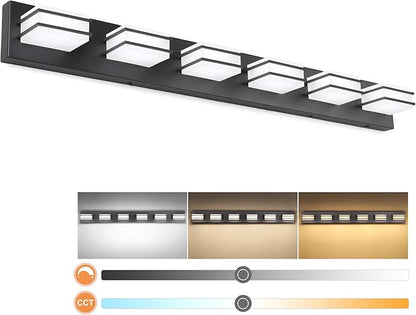 GOODATE 3 Color Temperature Dimmable Vanity Lights for Bathroom, Black 6 Light Vanity Light Fixtures, Acrylic Stainless Steel Square Shade Light Fixtures for Bathroom Above Mirror, ETL Certificated