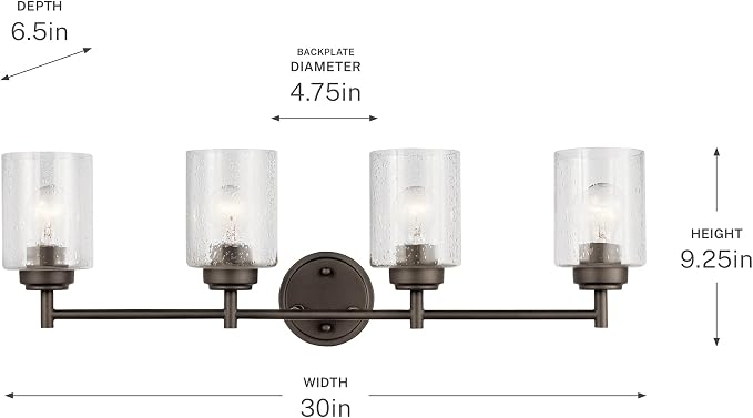 Kichler Winslow 4-Light Farmhouse Vanity Light, Olde Bronze | Clear seeded glass vanity light for bathroom mirrors (30" x 9.25" x 12"), 45887OZ