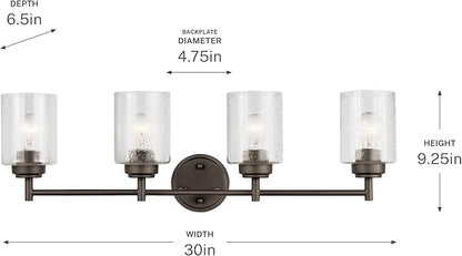 Kichler Winslow 4-Light Farmhouse Vanity Light, Olde Bronze | Clear seeded glass vanity light for bathroom mirrors (30" x 9.25" x 12"), 45887OZ