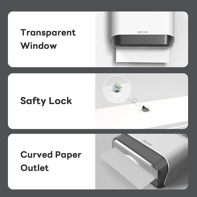 Paper Towel Dispenser,Large Capacity Wall Mount Tissue Dispensers with Smart Lock, Used for Kitchen and Bathroom 200+ Sheets White Toilet Paper Holders