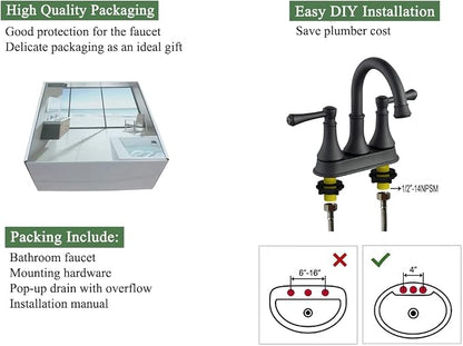 Matte Black Bathroom Sink Faucet for 3 Holes with Pop-up Drain | High Arc Modern 2 Handle 4 Inch Bathroom Faucet, Vanity Lavatory Faucet with 360° Swivel Stainless Steel Spout, TAF067Y-MB
