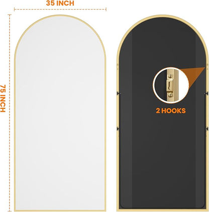 Arched Full Length Mirror, 75"x35" Standing Body Mirror for Wall, Gold | Built-in Stand, HD Shatterproof Glass, Aluminum Alloy Frame, Hanging or Standing, for Bedroom, Living Room & Dressing Room