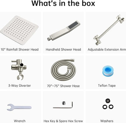 G-Promise All Metal 10" Dual Square Shower Head Combo | Rain Shower Head | Handheld Shower Wand | Adjustable | 3-Way Diverter | 71" Extra Long Hose - A Bathroom Upgrade(Brushed Nickel) | Built to Last, Easy Install, Adjustable Height & Angle for All He...