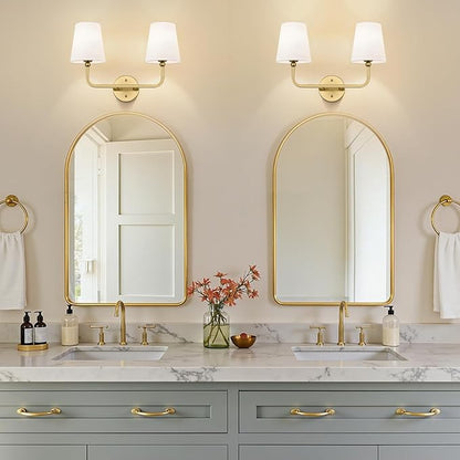 Bathroom Light Fixtures, 2-Light Brushed Gold Vanity Lights, Bathroom Lighting Fixtures Over Mirror with Flared White Fabric Shade, Modern Wall Sconces for Living Room Hallway