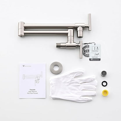 Pot Filler Faucets - for Kitchen, Sink, Stove and Bar with Brass Wall Mount Double Joint Swing Arms - Leak Free Designs with High-Flow Aerators - Retractable and Folding Save Space - Brushed Nickel